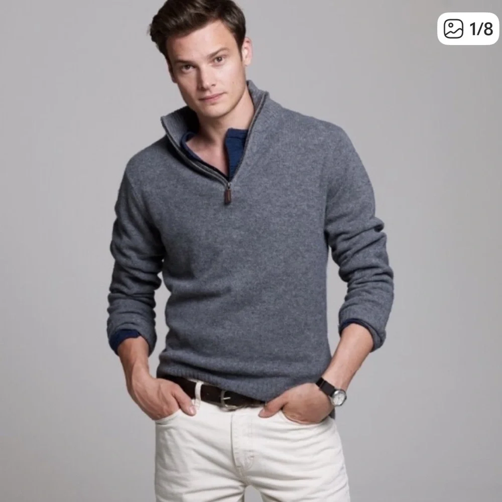 J. Crew Men's Gray 100% Lambswool Half Zip Sweater